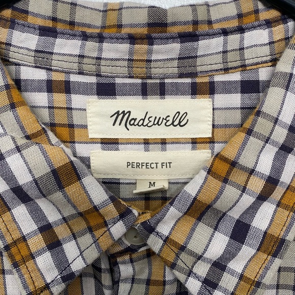 Madewell Mens Perfect Fit Plaid Yellow Brown Collared Long Sleeve Shirt - Picture 2 of 3